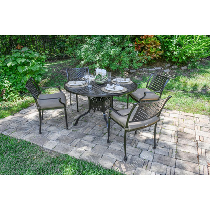 Start2Finish Savannah outdoor aluminum round dining table with a smooth surface and sturdy legs for patio outdoor seating.