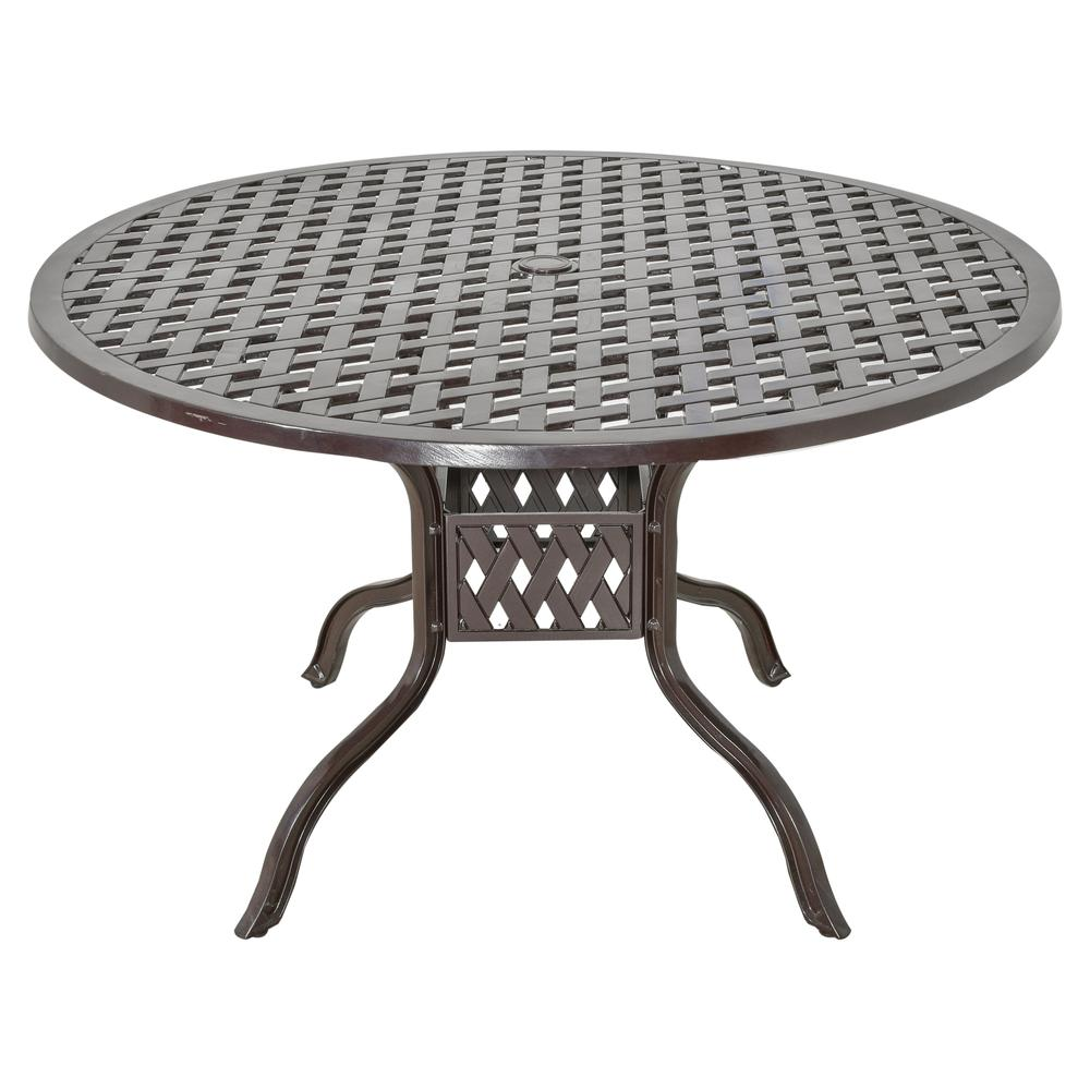 Start2Finish Savannah outdoor aluminum round dining table with sleek metal surface and sturdy legs for outdoor patio use.