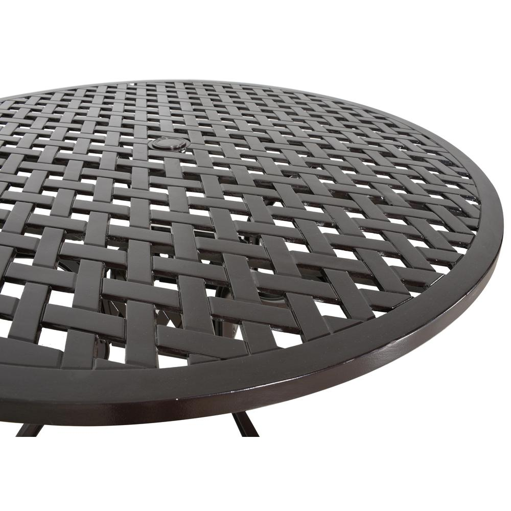 Round outdoor aluminum dining table from Start2Finish with a sturdy, sleek design suitable for patio or garden use.