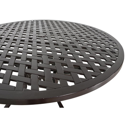 Round outdoor aluminum dining table from Start2Finish with a sturdy, sleek design suitable for patio or garden use.