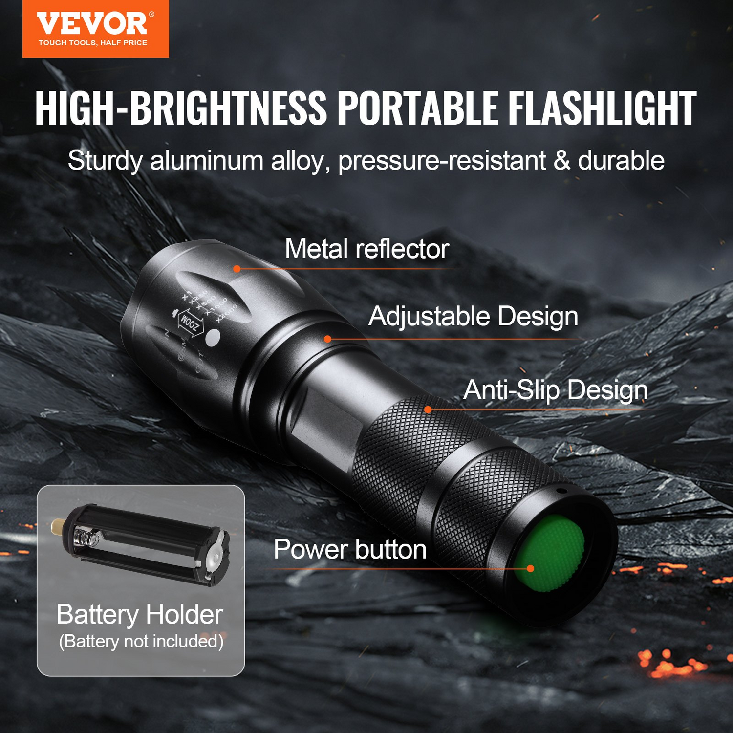 Start2Finish VEVOR 2-pack LED flashlights with adjustable focus, waterproof design, high lumens, and multiple modes for camping and outdoor use.