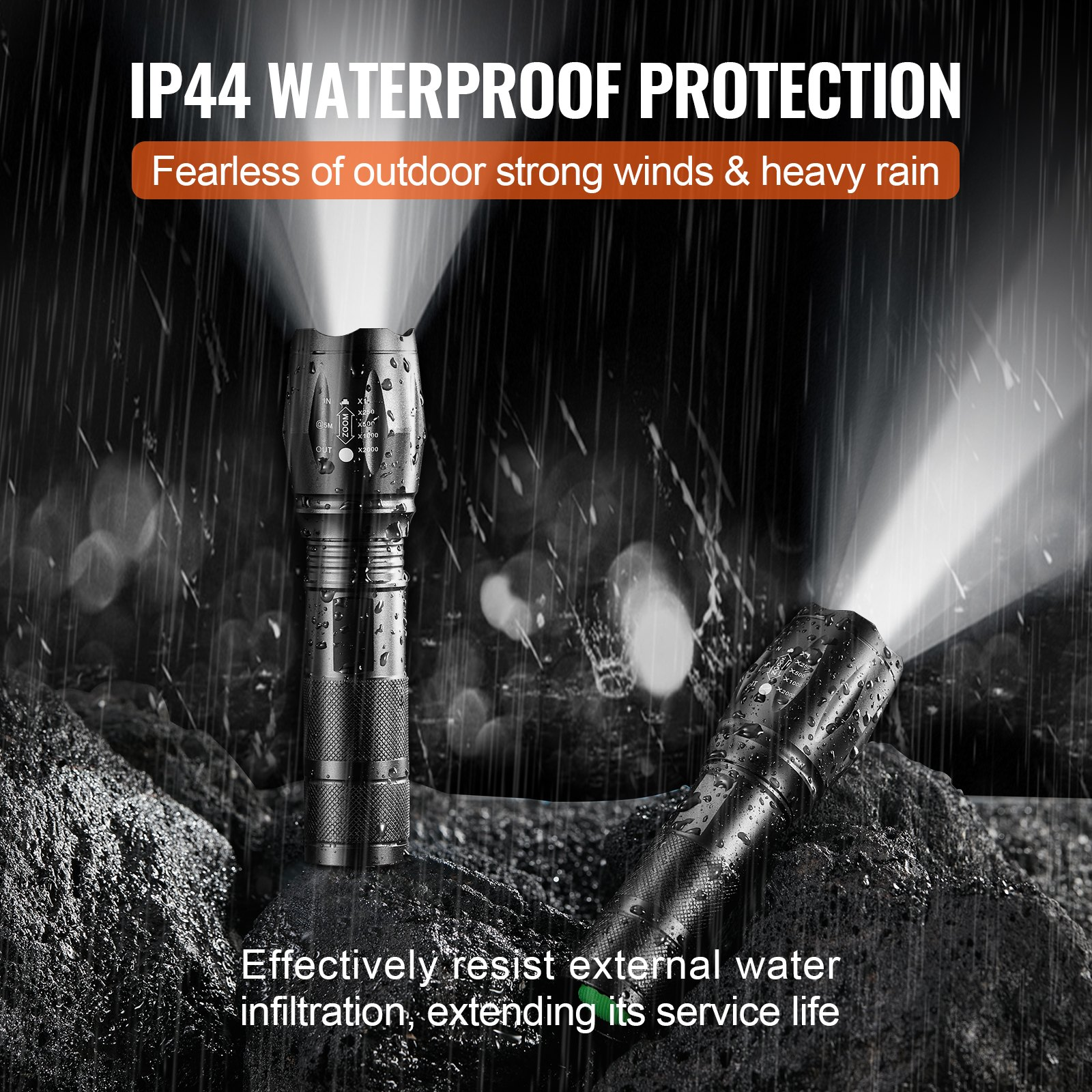 Start2Finish VEVOR 2-pack flashlights with 2000 lumens, adjustable focus, waterproof LED, suitable for camping, hiking, and emergencies.