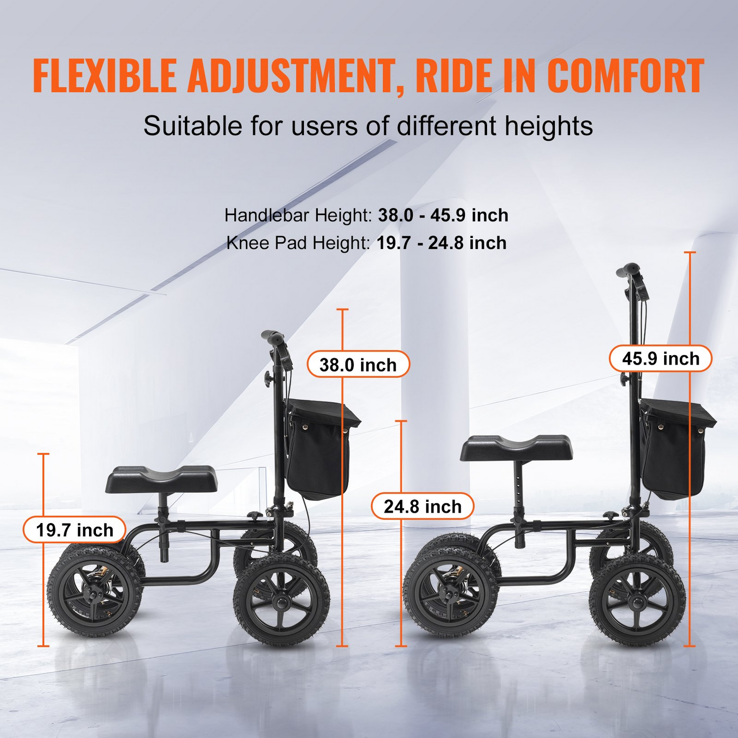 Start2Finish VEVOR foldable knee scooter with adjustable handlebar, 12-inch all-terrain wheel, dual brakes, suitable for leg injury recovery.