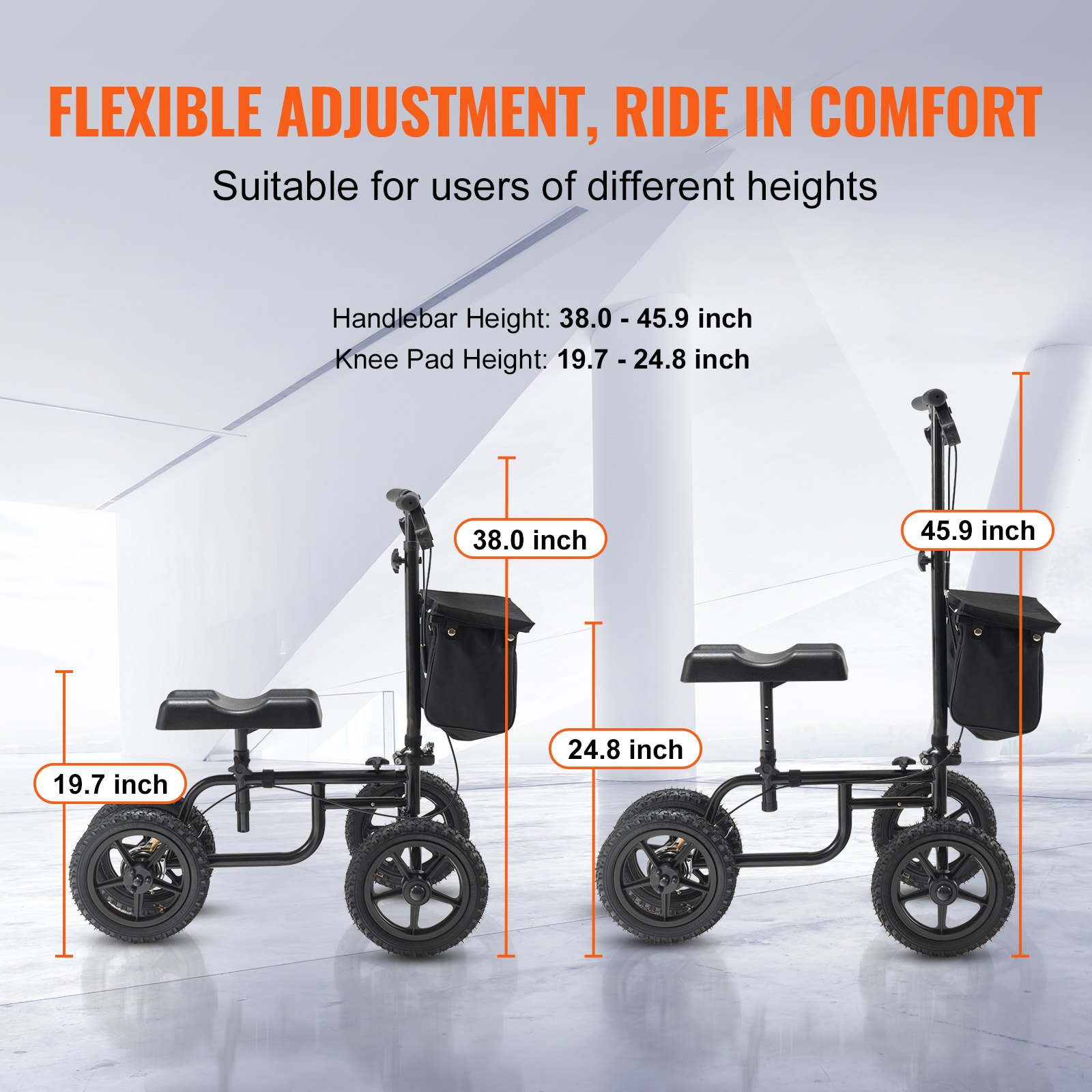 Start2Finish VEVOR foldable knee scooter with adjustable handlebar, 12-inch all-terrain wheel, dual brakes, suitable for leg injury recovery.