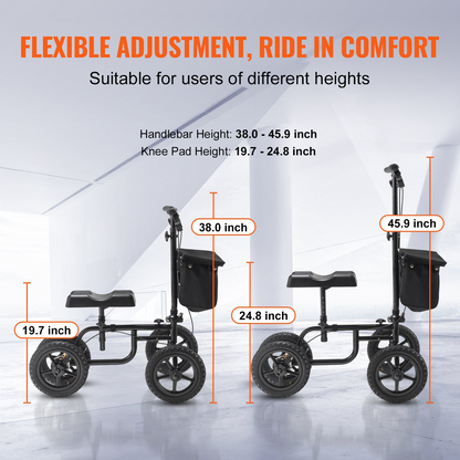 Start2Finish VEVOR foldable knee scooter with adjustable handlebar, 12-inch all-terrain wheel, dual brakes, suitable for leg injury recovery.