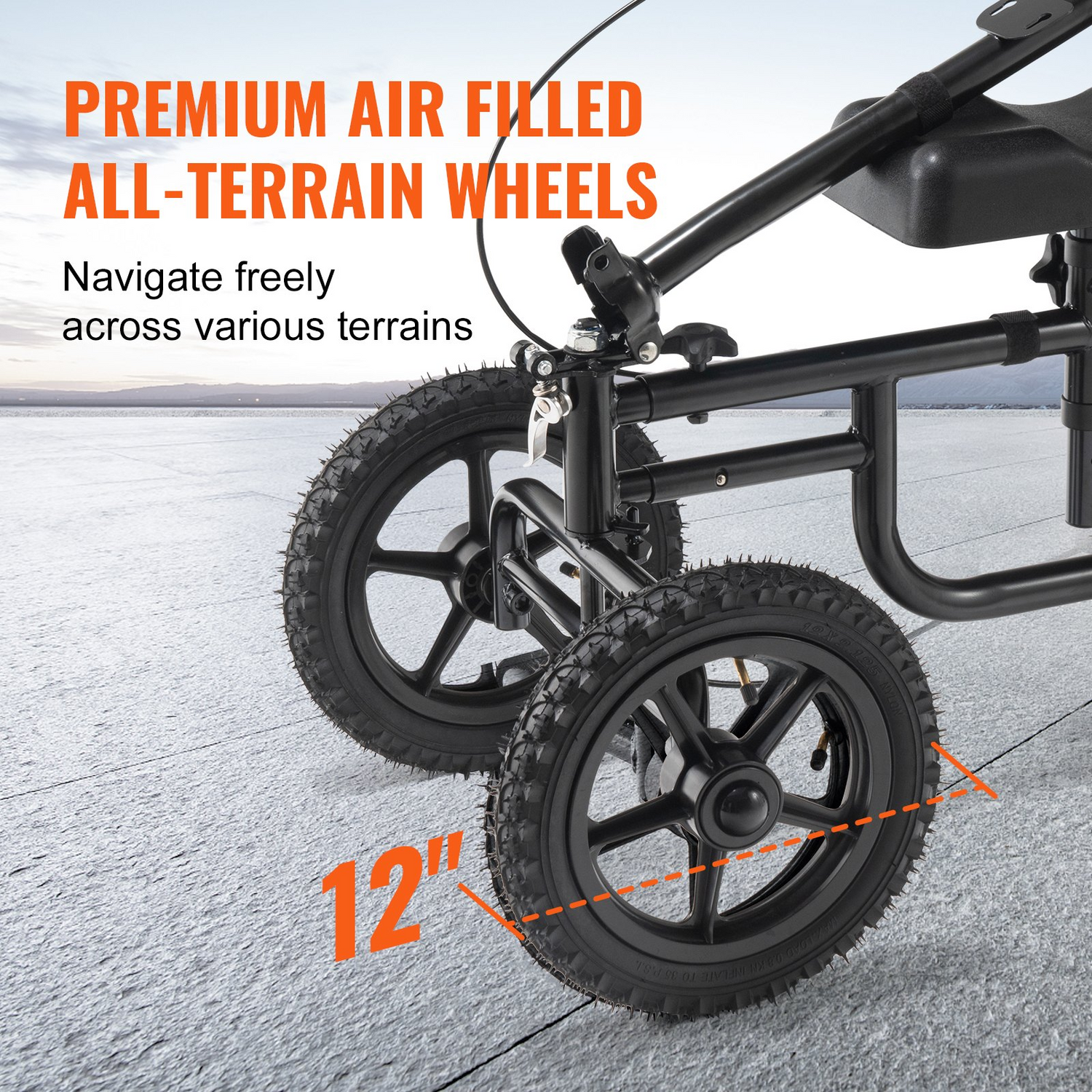 Start2Finish VEVOR folding knee scooter with all-terrain 12-inch wheels, adjustable handlebar, dual brakes, and knee pad for leg recovery.