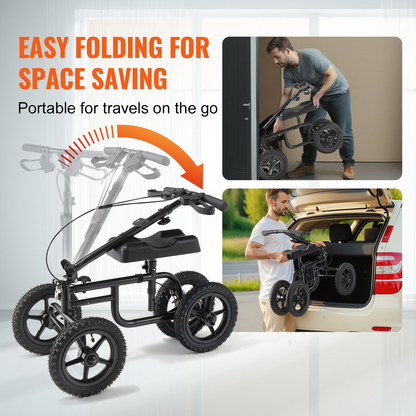 Start2Finish VEVOR folding knee scooter with adjustable handlebar, 12-inch all-terrain wheel, dual brakes, and padded knee support.