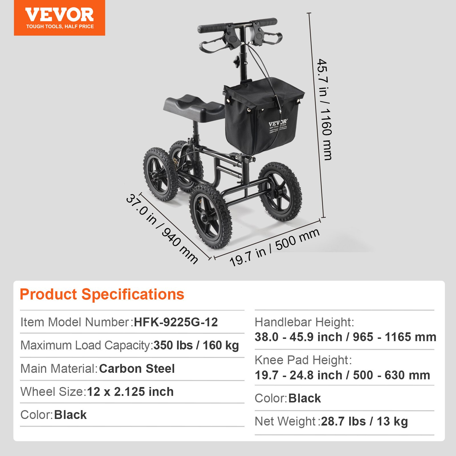 Start2Finish VEVOR Folding Knee Scooter with 12-inch all-terrain wheels, adjustable handlebar, knee pad, and dual brakes for leg recovery.