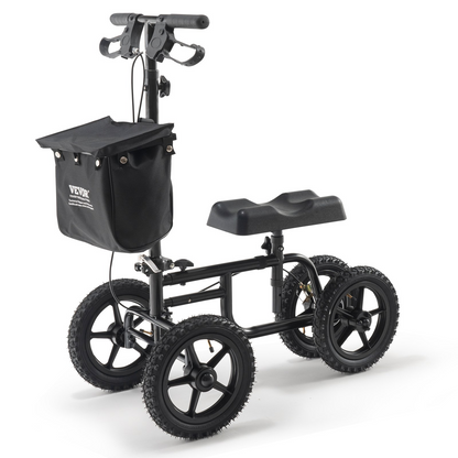 Start2Finish VEVOR Folding Knee Scooter with 12-inch all-terrain wheels, adjustable handlebar, knee pad, dual brakes, for leg injury recovery.