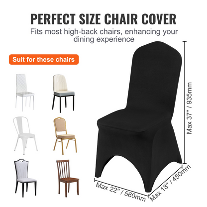 Black VEVOR Stretch Spandex folding chair covers by Start2Finish, universal fitted arched front design for weddings and events.