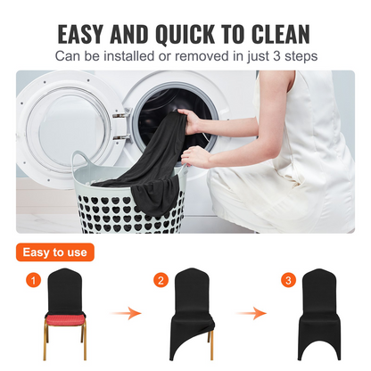 Black VEVOR stretch spandex folding chair covers with arched front design, washable and removable for weddings, parties, and events.