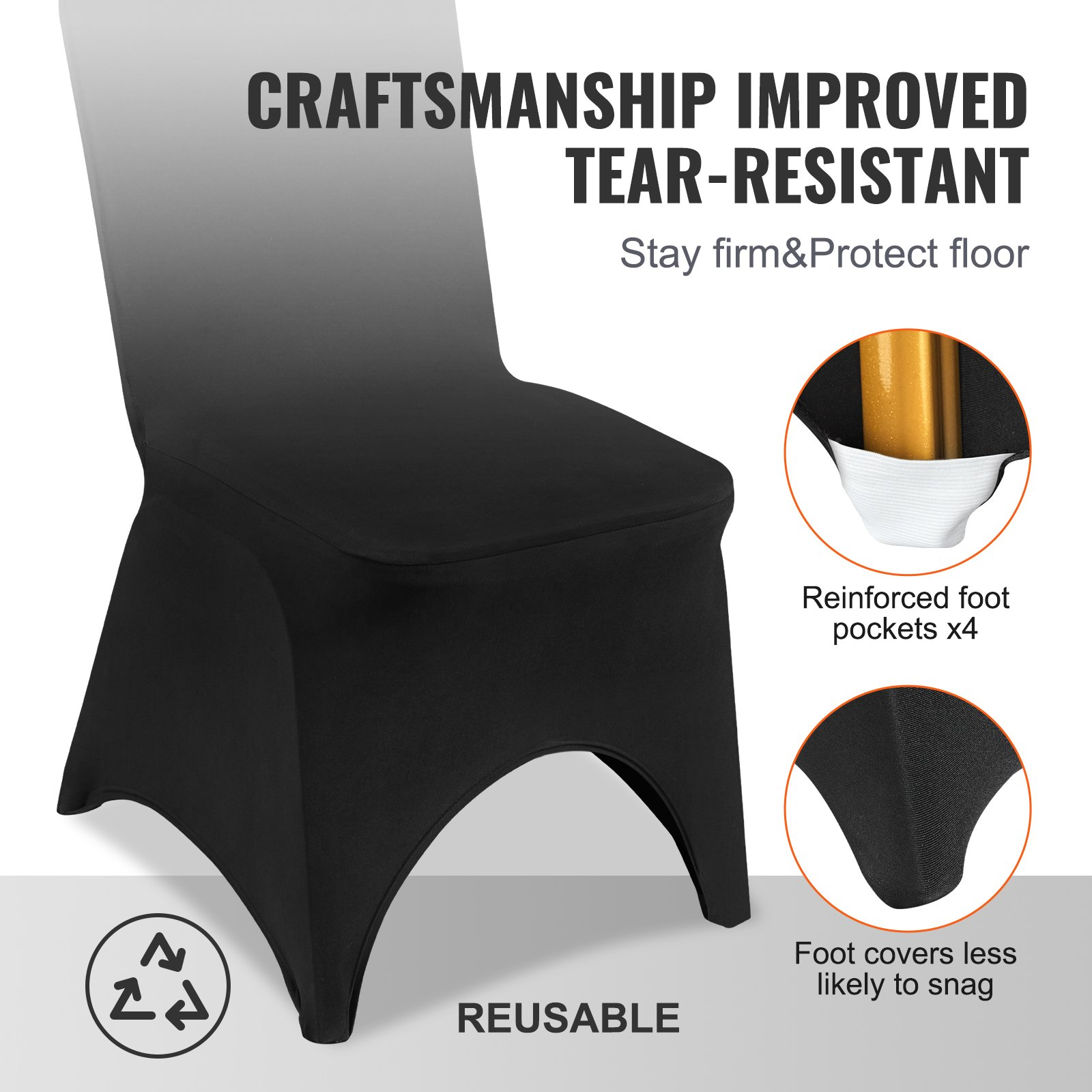 Black VEVOR stretch spandex folding chair covers with arched fronts, designed for weddings, parties, and events, shown fitted on chairs.