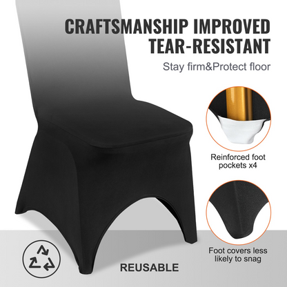 Black VEVOR stretch spandex folding chair covers with arched fronts, designed for weddings, parties, and events, shown fitted on chairs.