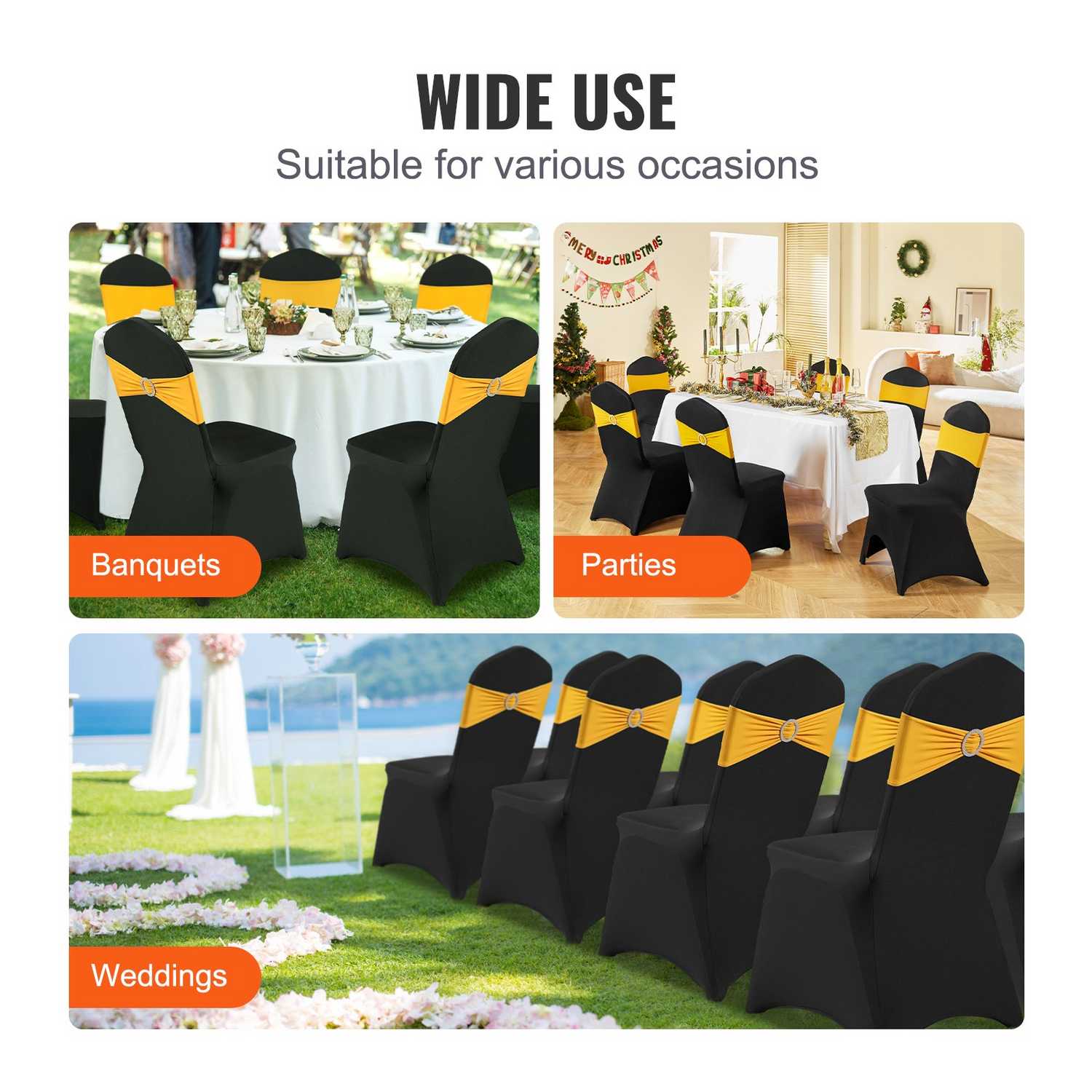 Black VEVOR Stretch Spandex folding chair covers with arched front design, suitable for weddings, parties, and events, 50-pack.