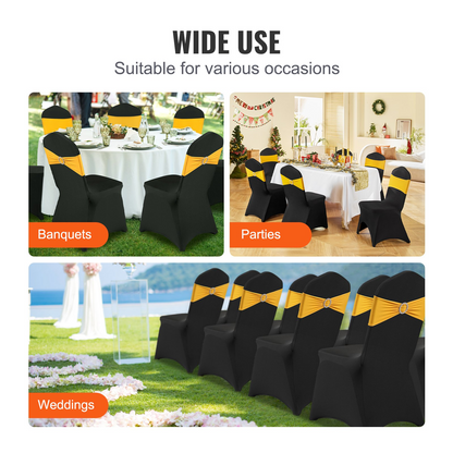 Black VEVOR Stretch Spandex folding chair covers with arched front design, suitable for weddings, parties, and events, 50-pack.