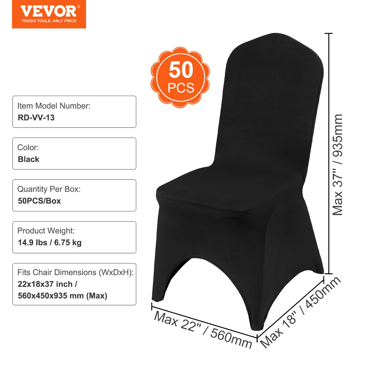 Black VEVOR Stretch Spandex folding chair covers by Start2Finish, fitted arched front, washable protective slipcovers for events.