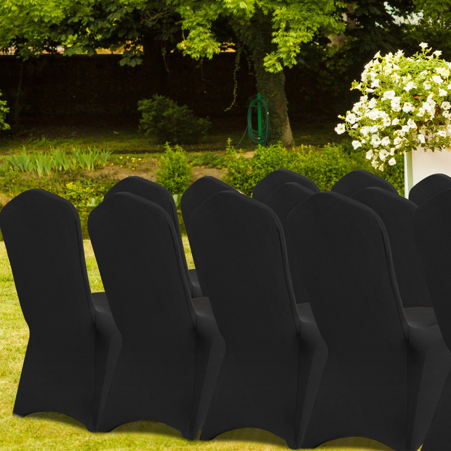 Black VEVOR stretch spandex folding chair covers with arched front, removable and washable, for weddings, parties, and events.