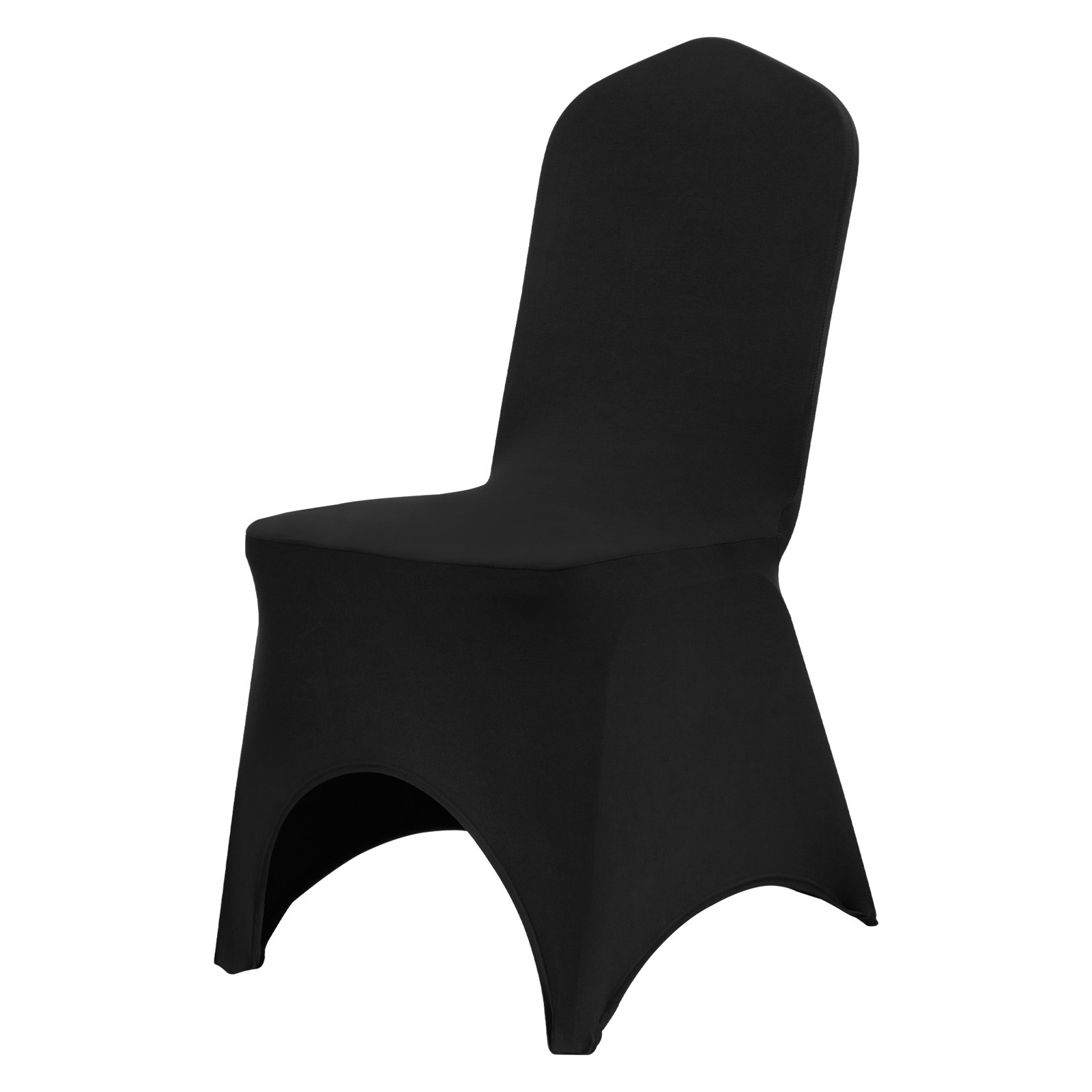 Set of 50 black VEVOR stretch spandex folding chair covers with arched fronts, washable, for wedding, party, and event seating.