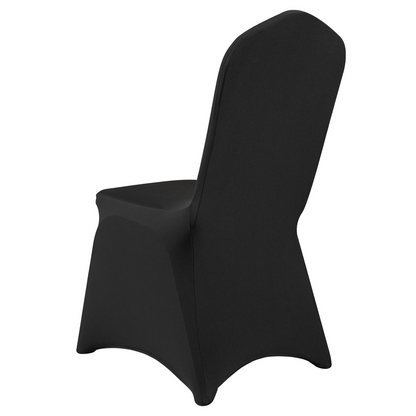 Set of 50 black VEVOR Stretch Spandex folding chair covers with arched front, washable, fitted for weddings, parties, and events
