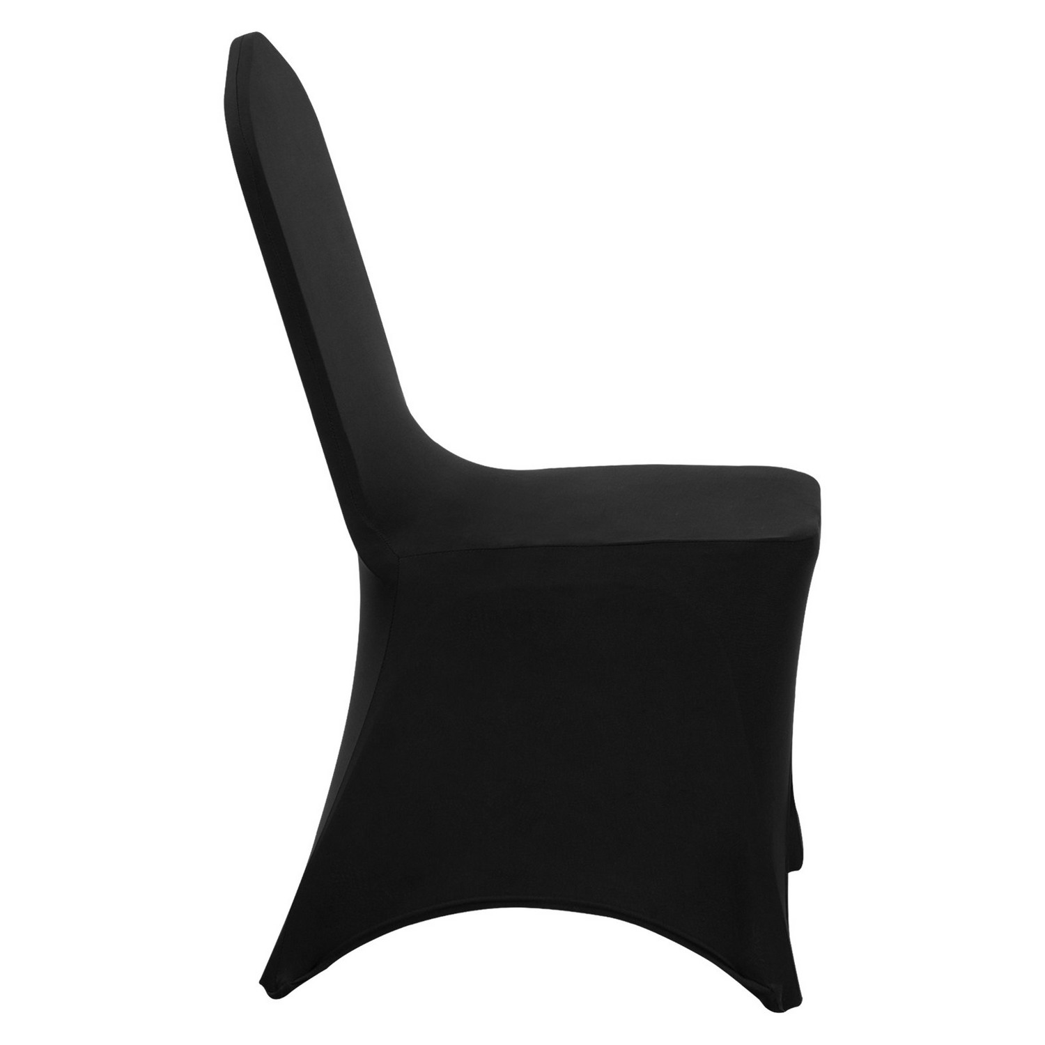 Black VEVOR Stretch Spandex folding chair covers with arched front design, fitted for weddings, parties, and events, 50-piece set.