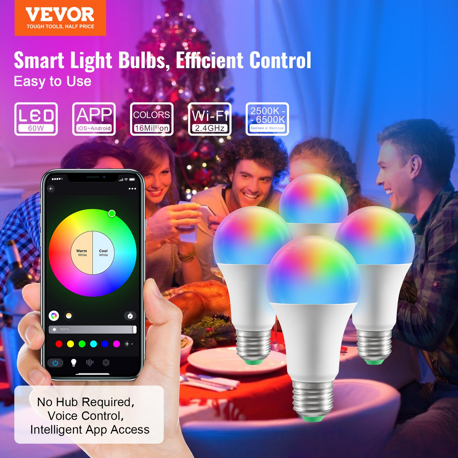 Start2Finish VEVOR smart LED light bulbs, 4-pack, multicolor 9W bulbs with smart control for Alexa, Google Assistant, iOS, Android.