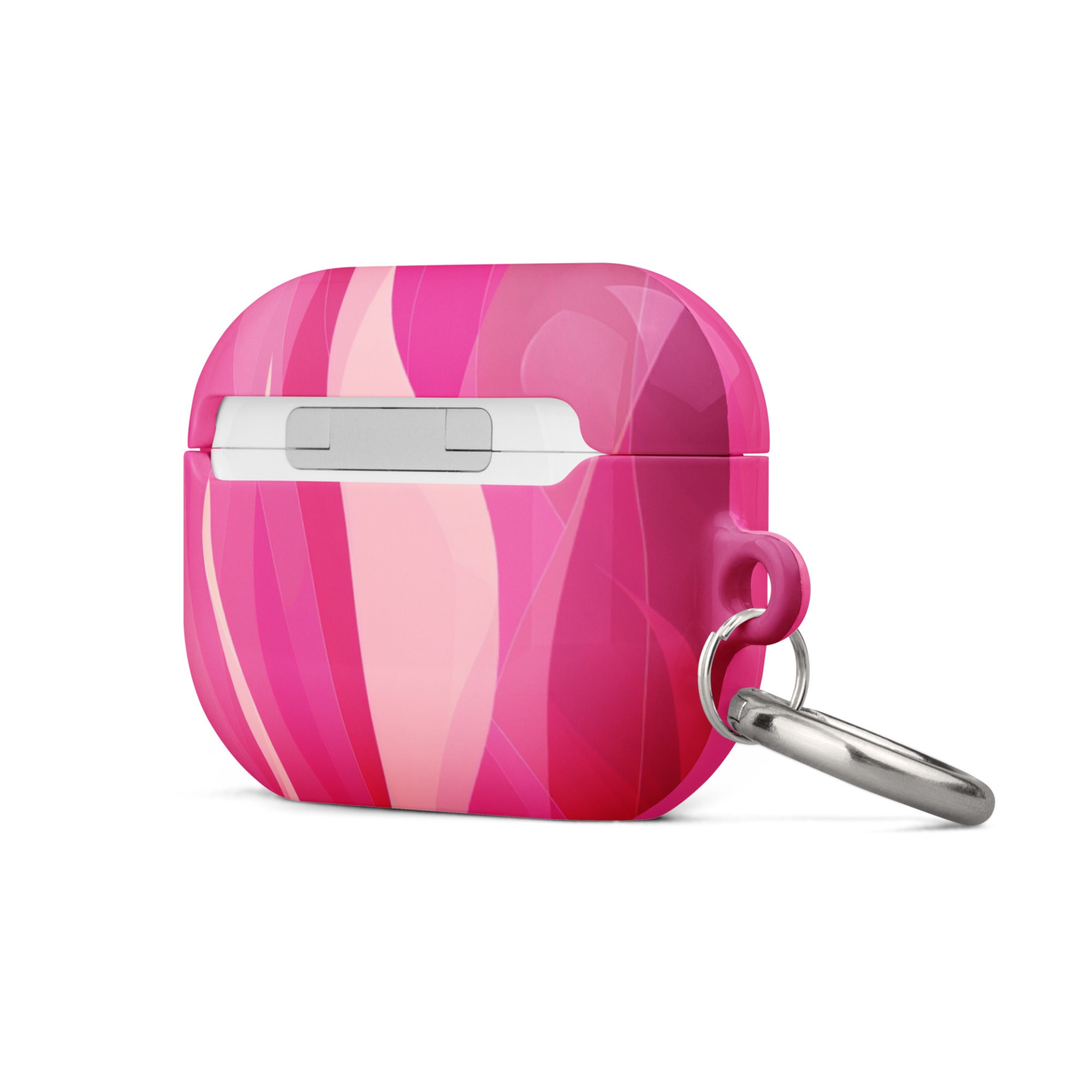 Fuchsia electronics case for AirPods by Start2Finish, showing the vibrant pink protective cover on a pair of AirPods.