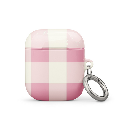 Pink checkered case for AirPods by Start2Finish, showing a close-up of the protective cover with check pattern.