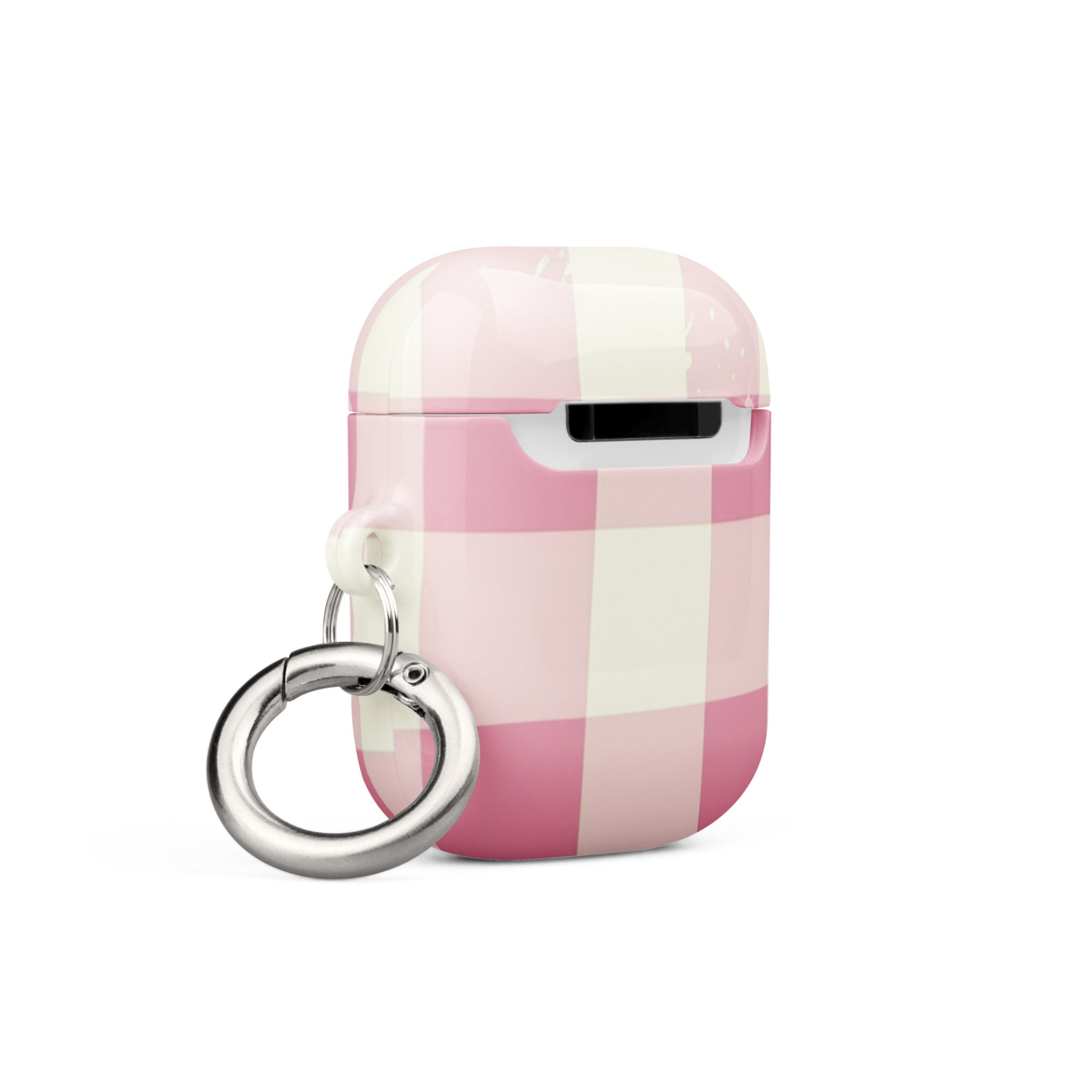 Pink checkered case for AirPods from Start2Finish, showing a soft silicone cover with a pink and white check pattern.