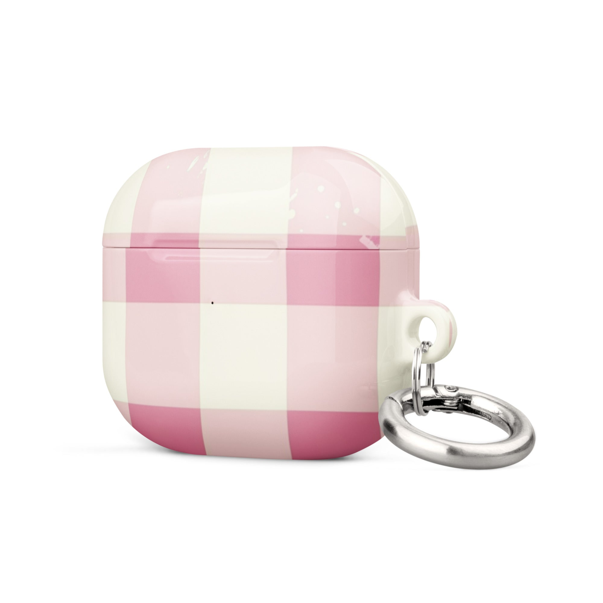 Pink checkered case for AirPods by Start2Finish, showing the protective silicone cover with a playful pink and white pattern.