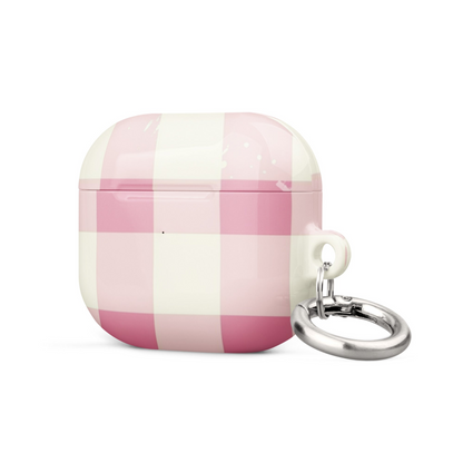 Pink checkered case for AirPods by Start2Finish, showing the protective silicone cover with a playful pink and white pattern.
