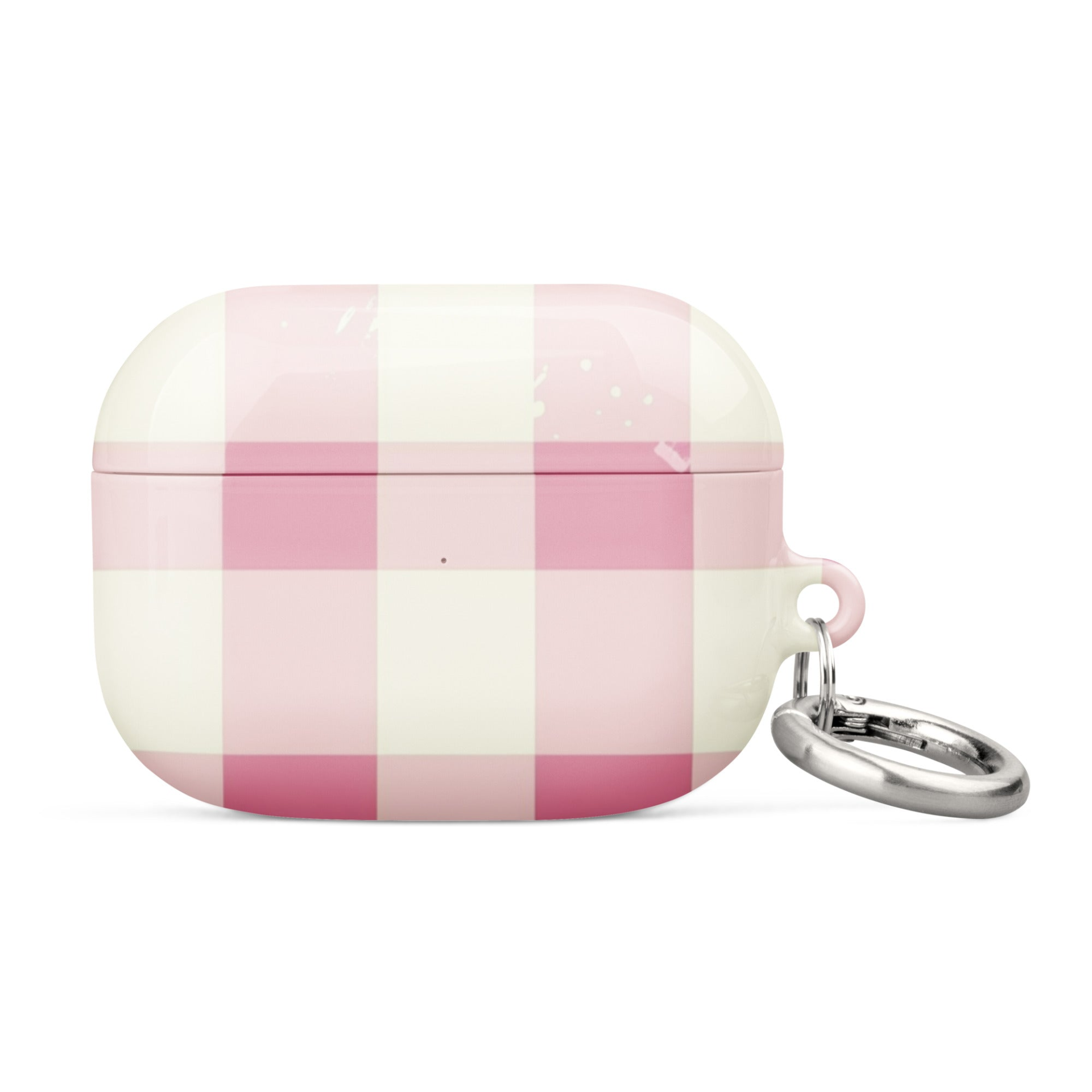 Pink checkered AirPods case by Start2Finish, protective electronics cover with stylish pink and white pattern.