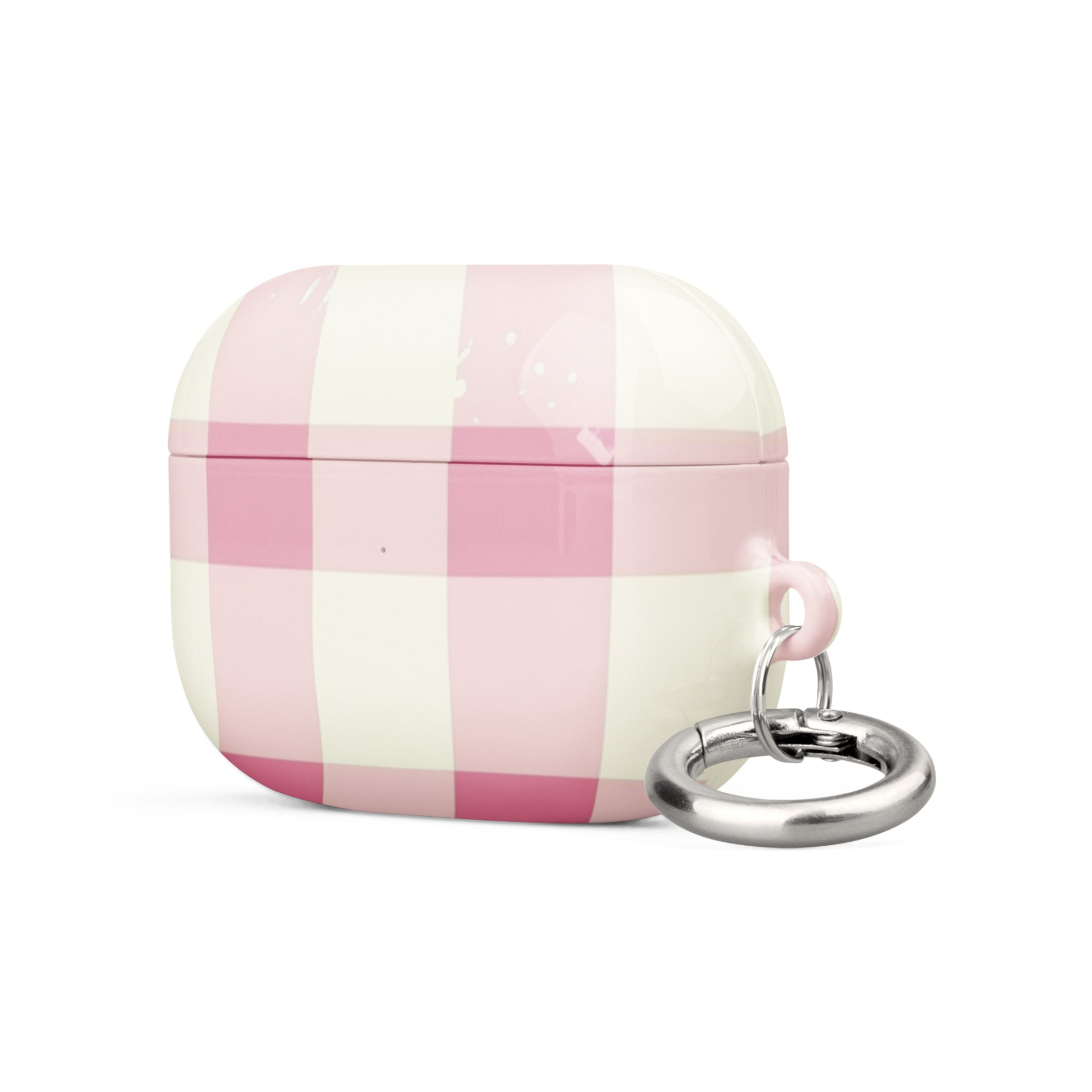 Pink checkered case for AirPods, Start2Finish electronics accessory, protecting and decorating wireless earbuds.