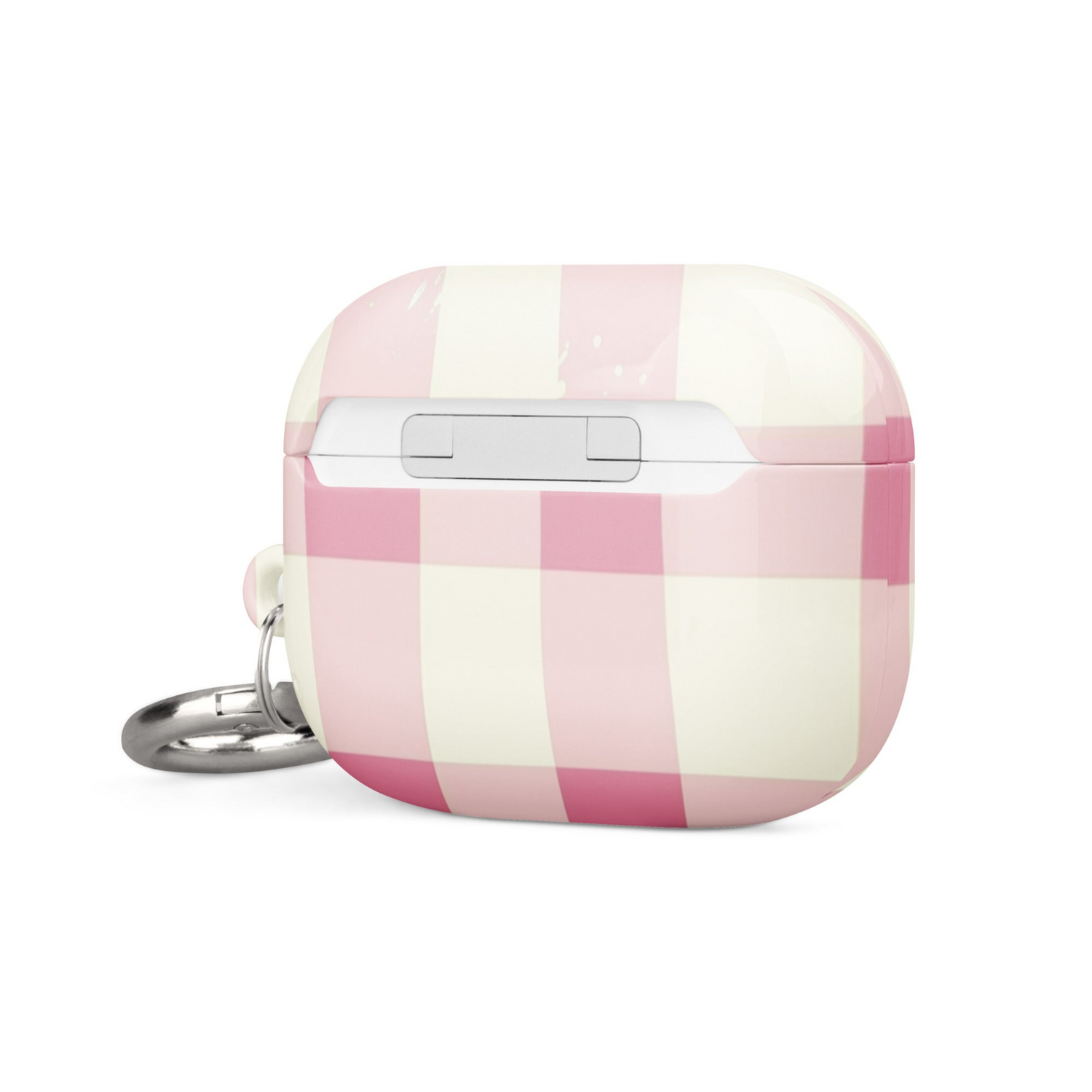 Pink checkered silicone case for AirPods by Start2Finish, protecting and decorating wireless earbuds with a vibrant pattern.