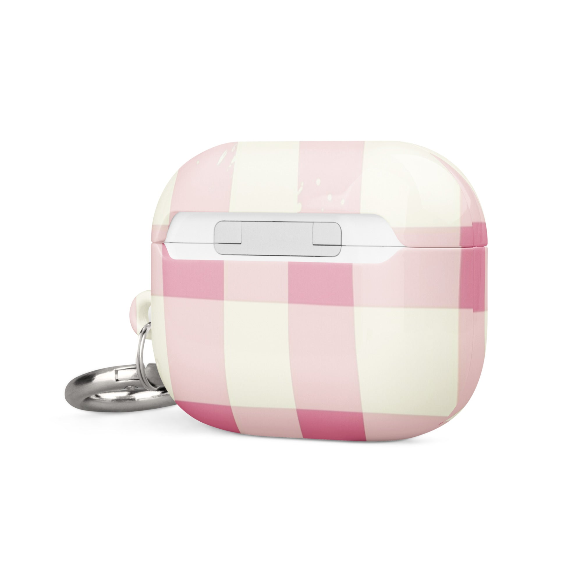 Pink checkered silicone case for AirPods by Start2Finish, protecting and decorating wireless earbuds with a vibrant pattern.