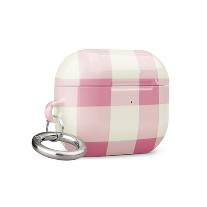 Pink checkered AirPods case by Start2Finish, showing a close-up of the protective cover with a pink and white check pattern.