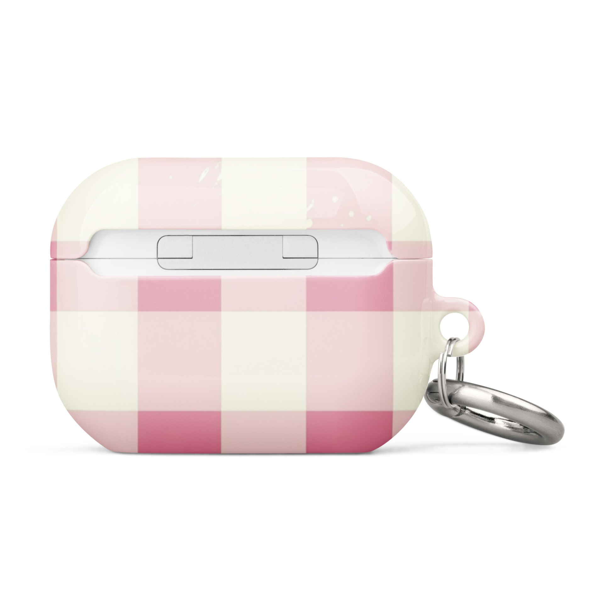 Pink checkered AirPods case by Start2Finish, featuring a soft silicone exterior and secure snap closure.