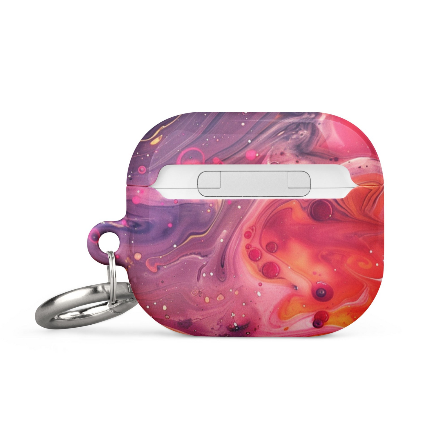 Colorful rainbow swirl case for AirPods by Start2Finish, showcasing its vibrant design and snug fit for wireless earbuds.