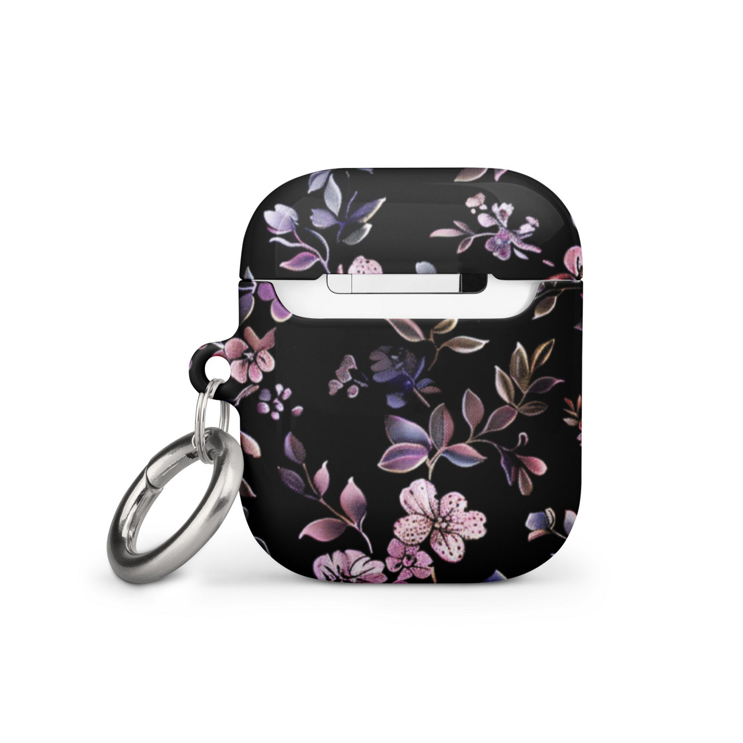 Black floral AirPods case by Start2Finish, showcasing a stylish floral design on a sleek protective cover for wireless earbuds.