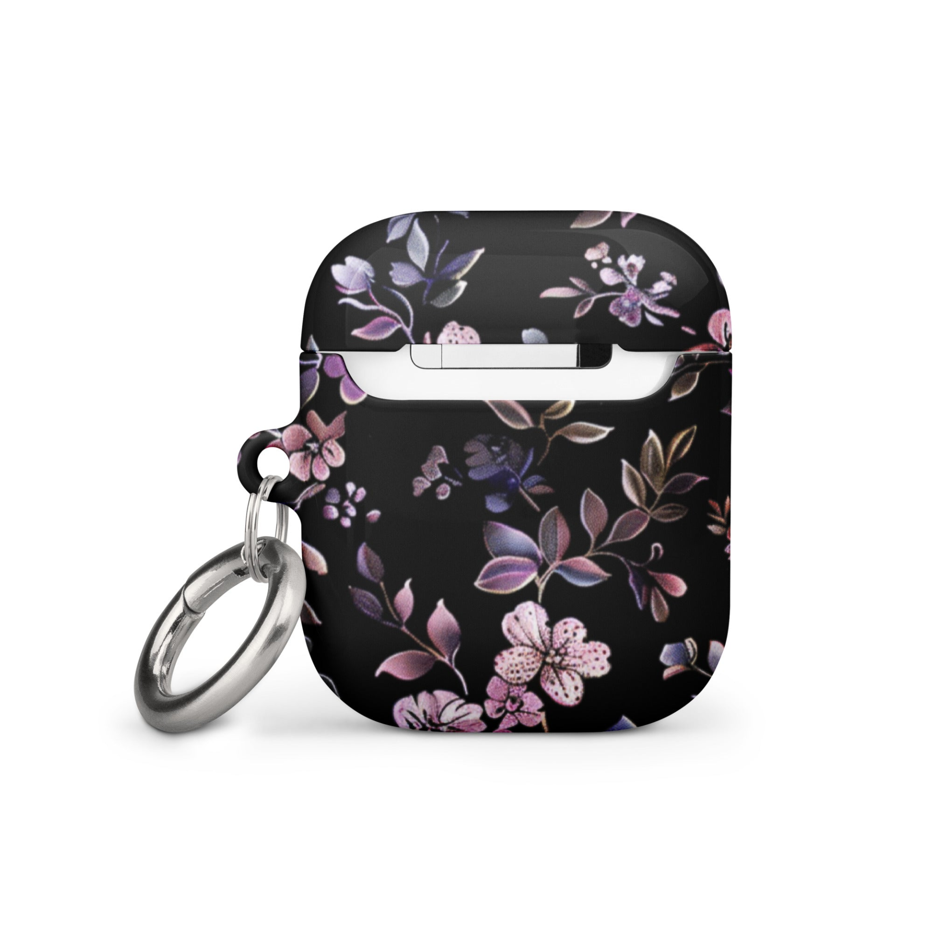 Black floral AirPods case by Start2Finish, showcasing a stylish floral design on a sleek protective cover for wireless earbuds.