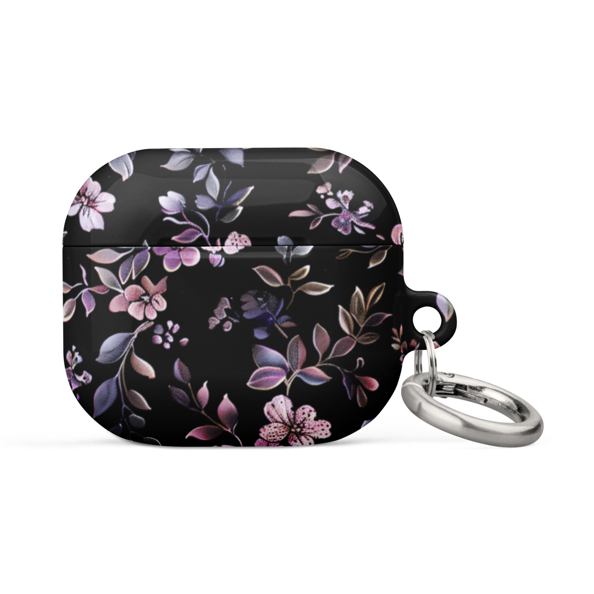 Black floral AirPods case by Start2Finish, featuring a stylish floral design for Apple wireless earbuds.