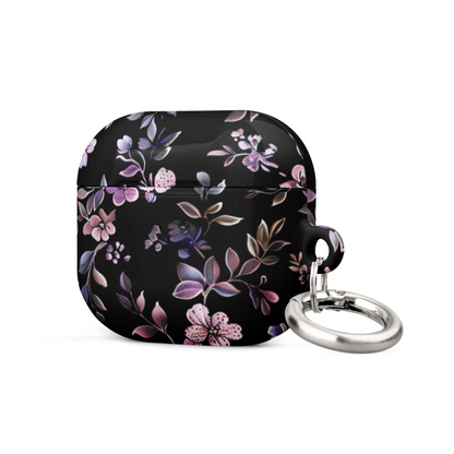 Black floral AirPods case by Start2Finish, showing the protective cover with a vibrant floral design on a sleek black background.