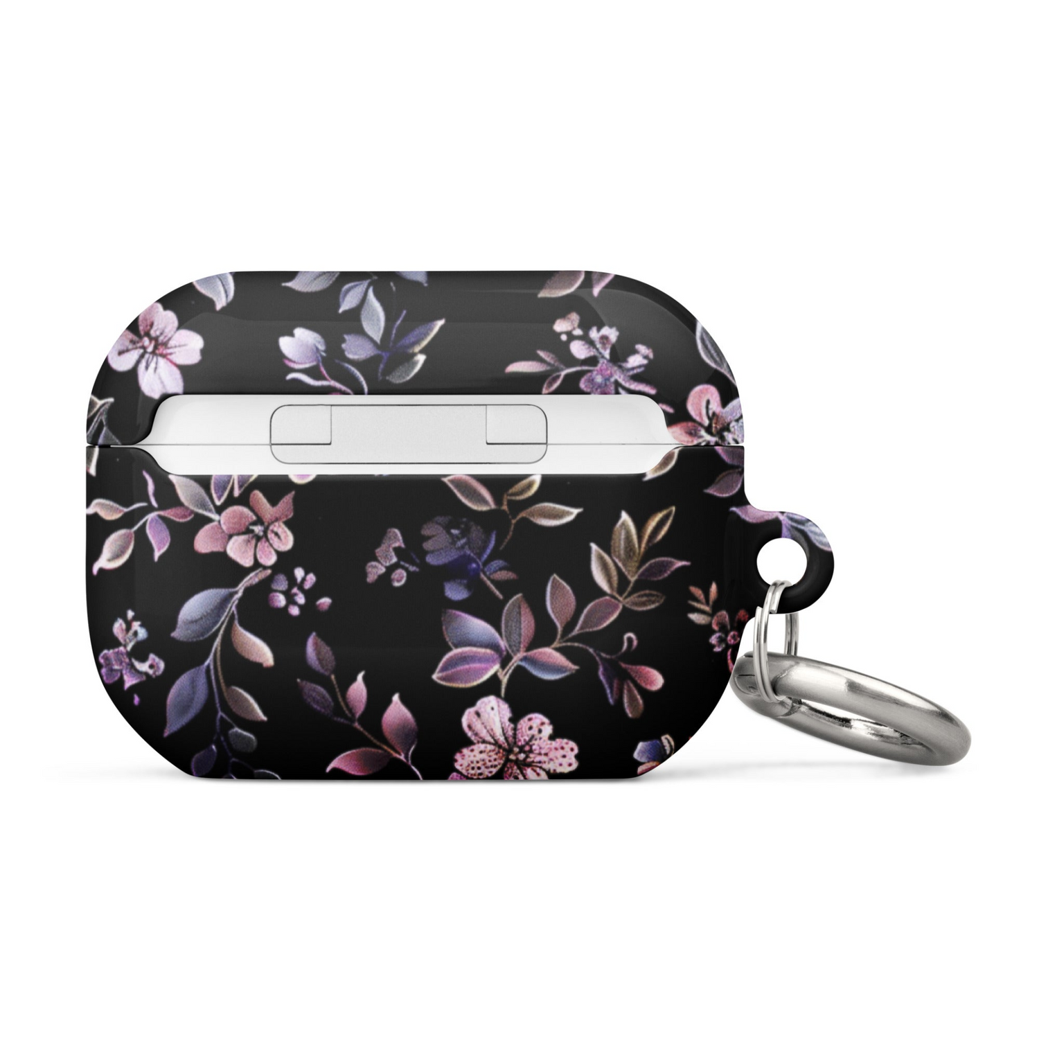 Black floral AirPods case by Start2Finish featuring a colorful flower pattern, made of durable protective material.
