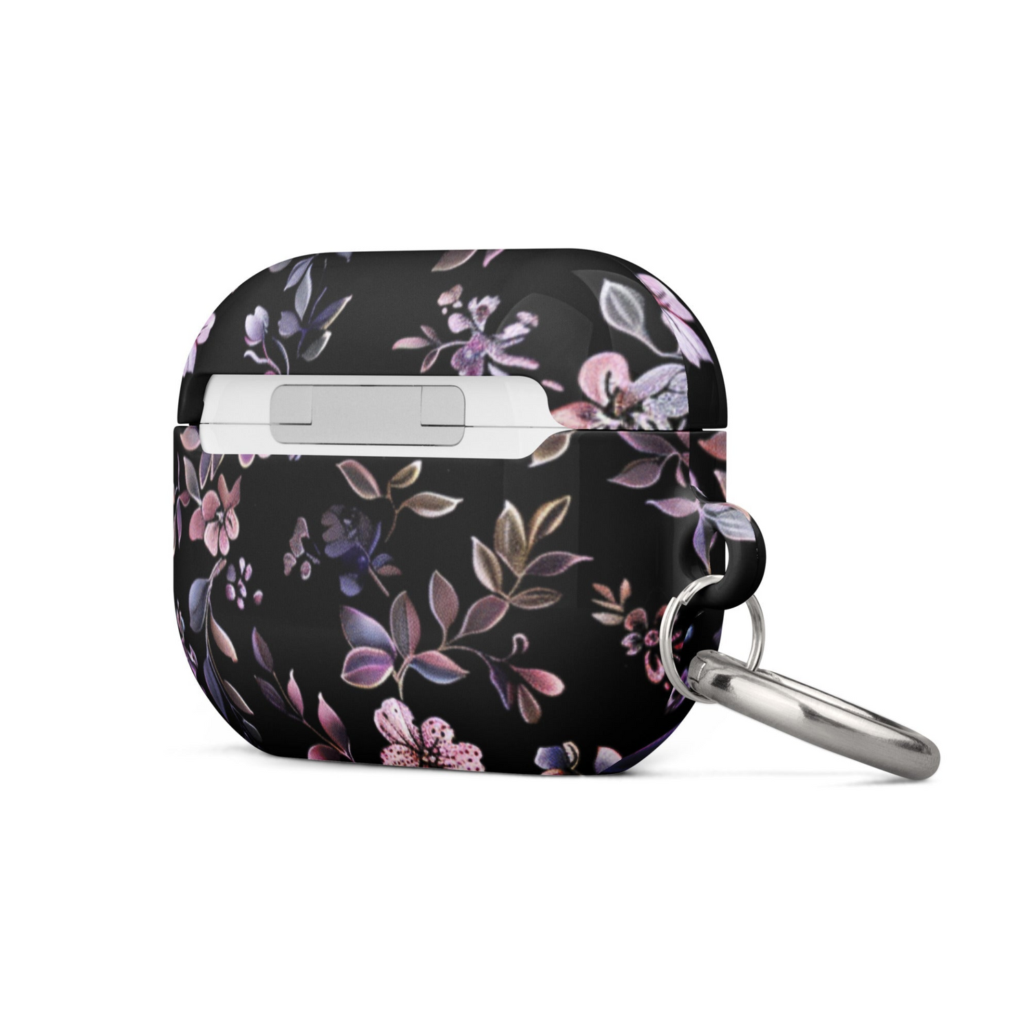 Black floral AirPods case by Start2Finish, with a colorful floral pattern, designed to protect and personalize AirPods.