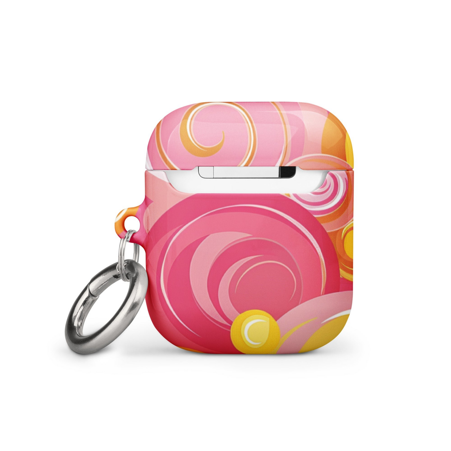 Pink and yellow Start2Finish AirPods case for electronics, showing a colorful protective cover with a keyring attachment.