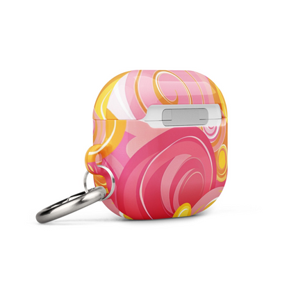 Pink and yellow Start2Finish AirPods case for electronics, showing a colorful protective cover with a zipper closure.