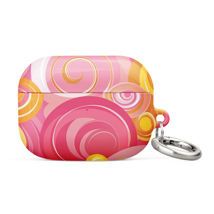 Pink and yellow Start2Finish AirPods case for electronics, showing the colorful protective cover on a pair of AirPods.