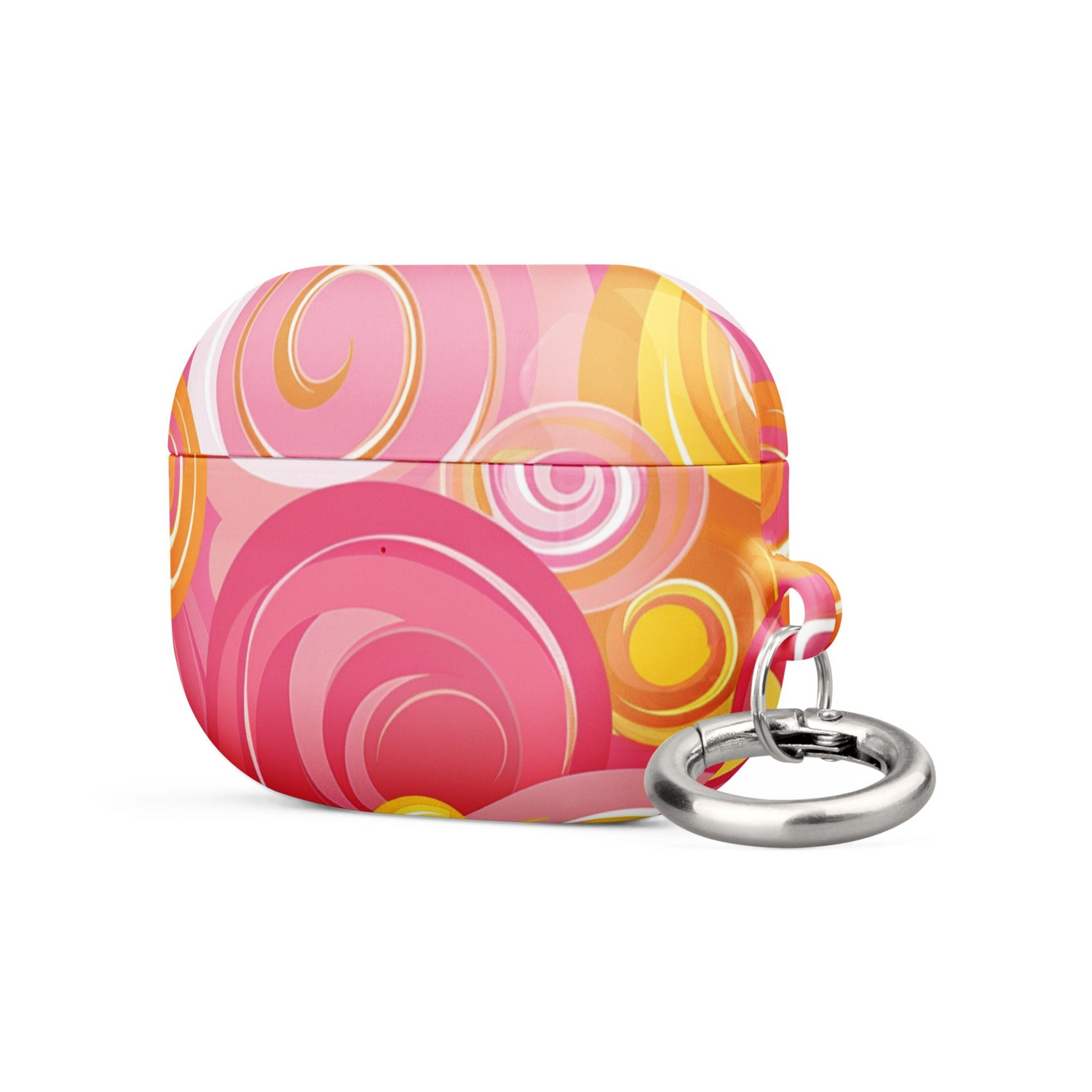 Pink and yellow Start2Finish AirPods case for electronics, with a colorful protective cover and keychain attachment.
