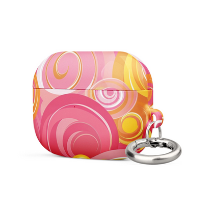 Pink and yellow Start2Finish AirPods case for electronics, with a colorful protective cover and keychain attachment.