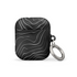 Start2Finish AirPods case with topographic pattern in black and gray, featuring a textured design for a sleek electronic accessory.