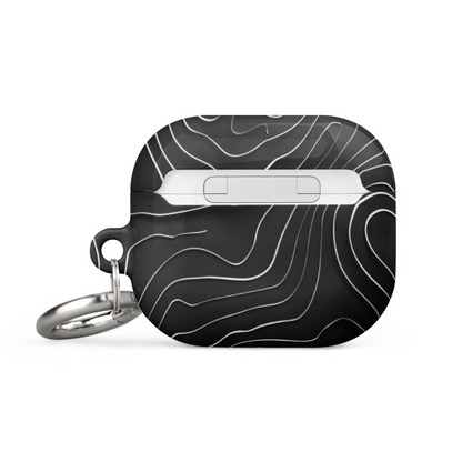 Start2Finish AirPods case with topographic pattern, durable electronics accessory featuring a detailed mountain-inspired design.